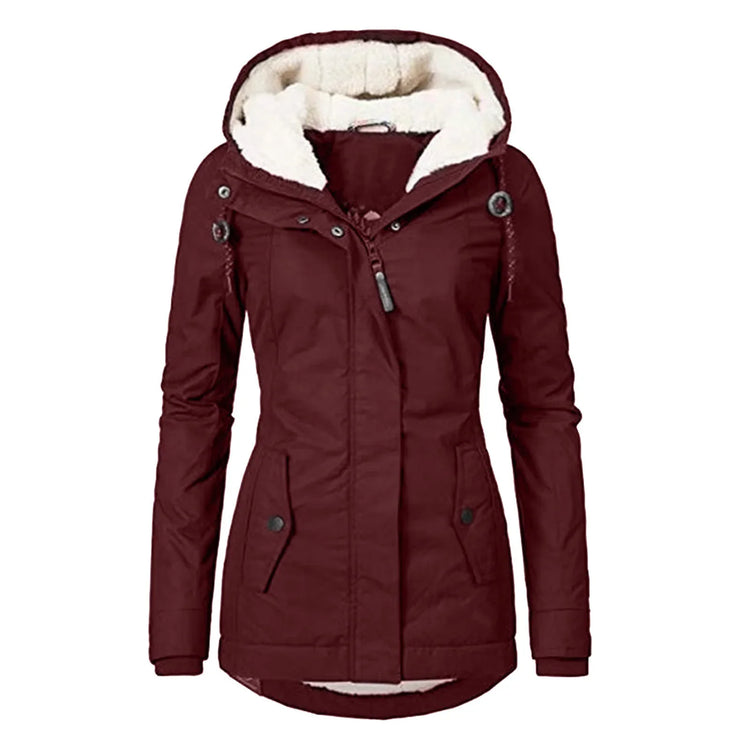 Burgundy winter parka jacket with sherpa lining, hooded, slim fit, button details