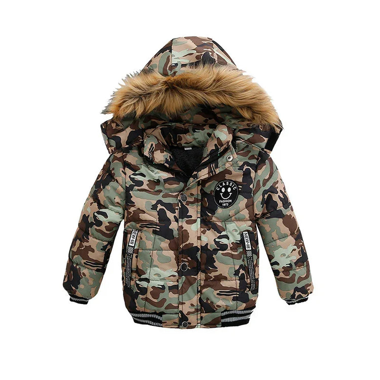 Kids camo puffer jacket with faux fur hood, insulated warm outerwear, regular fit