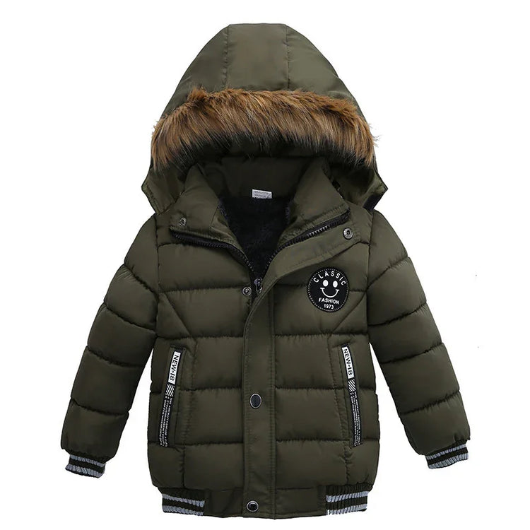 Olive green puffer jacket with hood, faux fur trim, patch detail, and ribbed cuffs