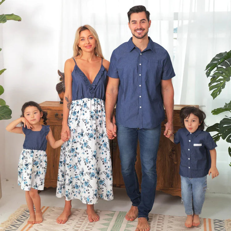 Family wearing matching blue and white outfits, floral dresses and denim shirts, casual fit