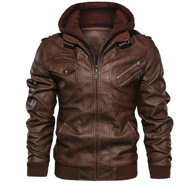 Brown faux leather jacket with zip front, attached hood, and slim fit streetwear style.