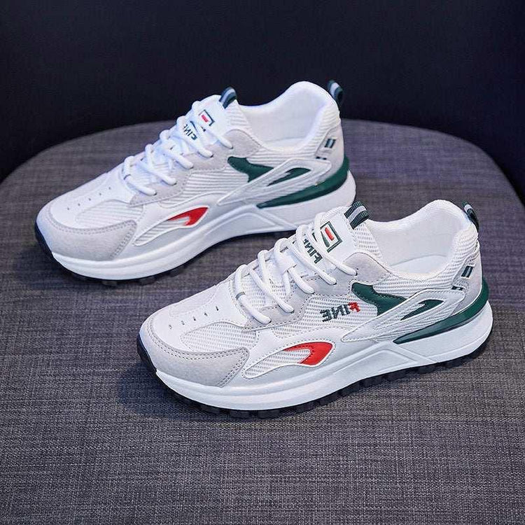 White and gray mesh sneakers with green and red accents, chunky sole, modern streetwear style
