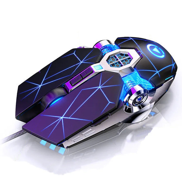 Futuristic black gaming mouse with geometric blue LED lighting and ergonomic design