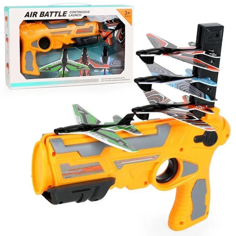 Colorful toy plane launcher gun with four foam airplanes, bright orange and gray plastic design