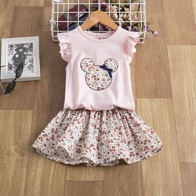 Pink short-sleeve ruffle top with floral print patch and matching floral skirt, cotton fabric, kids&