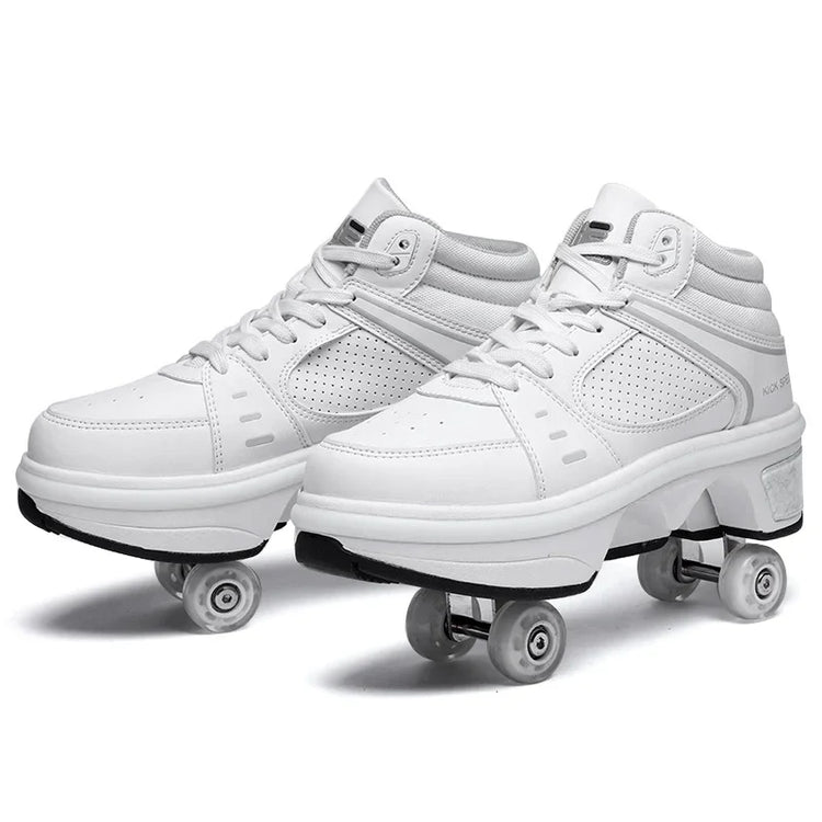 White high-top leather roller sneakers with laces, perforated panels, and retractable wheels
