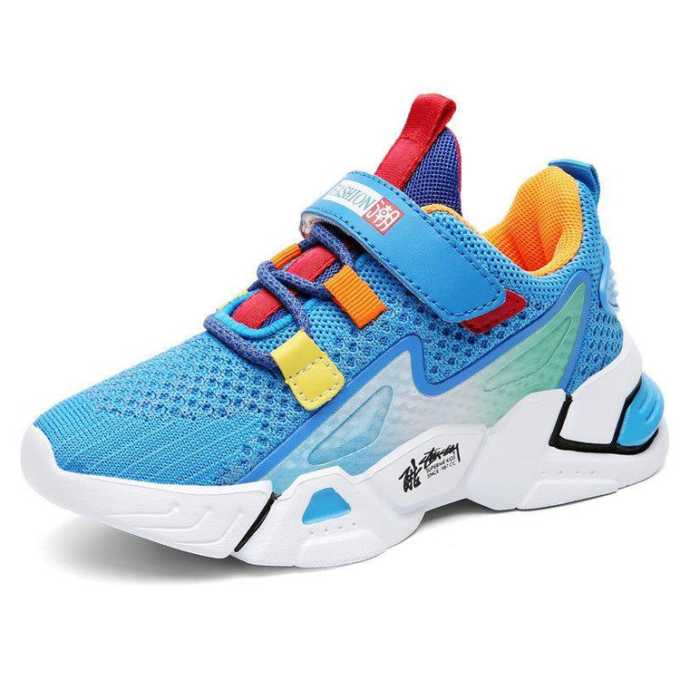 Colorful blue mesh sneaker with multicolor accents, chunky white sole, and breathable design
