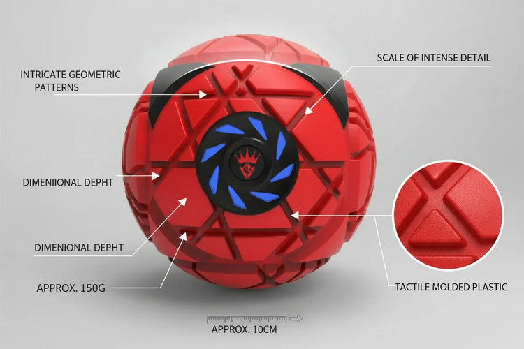 Red geometric textured ball, black and blue accents, tactile molded plastic, approx. 10cm diameter