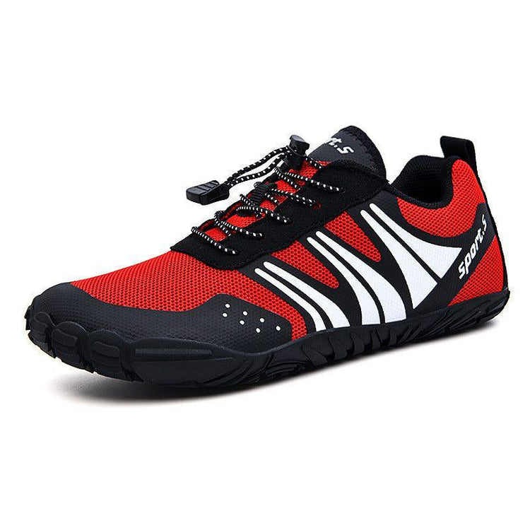 Red and black athletic sneaker with breathable mesh, white graphic accents, and lace-up fit