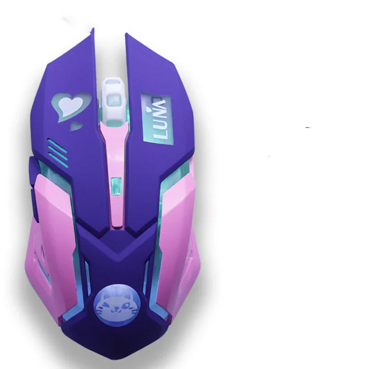 Futuristic wireless gaming mouse in purple and pink with heart and cat face design accents