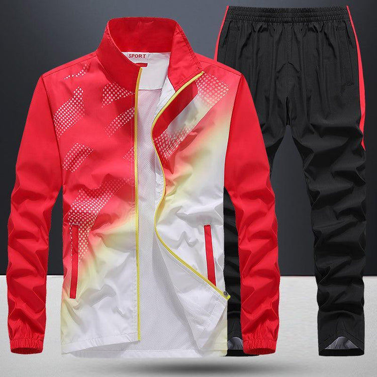 Red and white gradient windbreaker jacket with black athletic pants, sporty fit, lightweight material