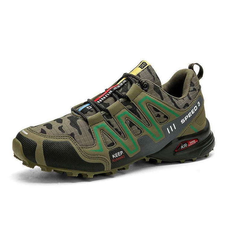 Camouflage green athletic sneaker with mesh and synthetic materials, rugged sole, lace-up design, modern streetwear style.