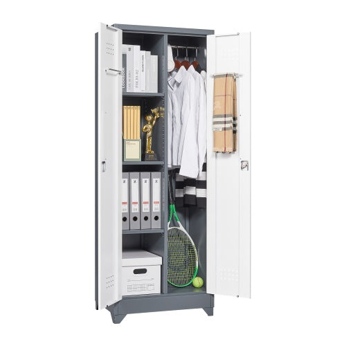 Gray And White Color Metal Lockers, Cleaning Tool Cabinets With Locking Doors, High Broom Tool Storage Cabinets, Adjustable Shelves, Large Cabinets For Kitchens, Offices, Shops.65 Inches