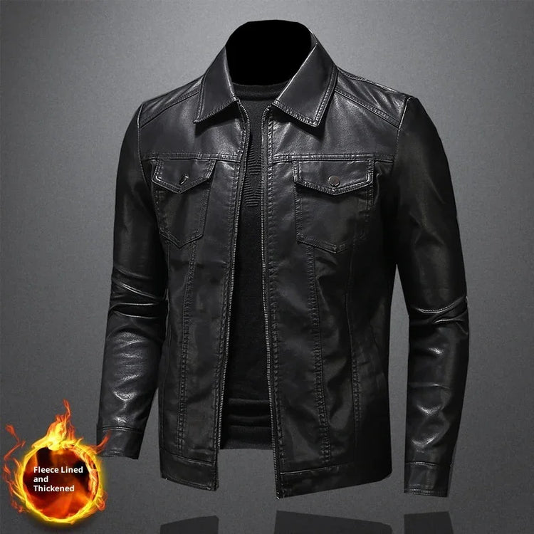 Black faux leather jacket, fleece lined, slim fit, modern streetwear style