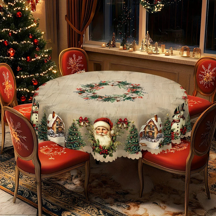 Festive round Christmas tablecloth with Santa, snowmen, and cottage print, red chairs, holiday decor