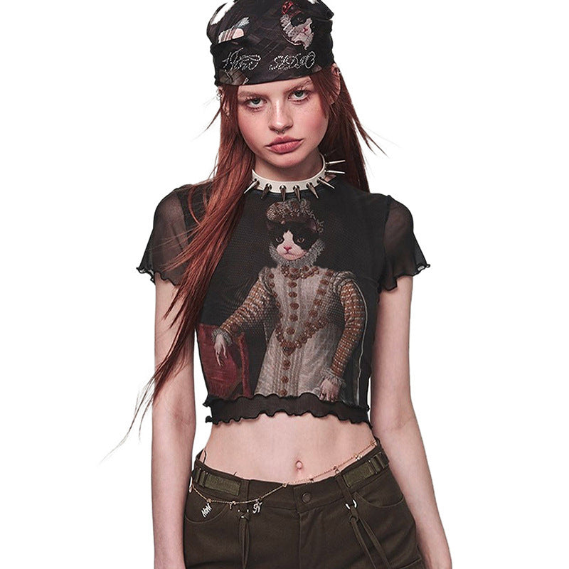 Hot Girl Style Cat Printing Mesh Polyester Top Women's Clothing