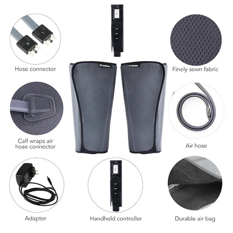 Gray mesh calf compression sleeves with hose connectors, air hose, adapter, controller, and durable air bag.