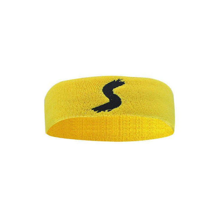 Yellow knit headband with black brushstroke design, stretchy streetwear accessory