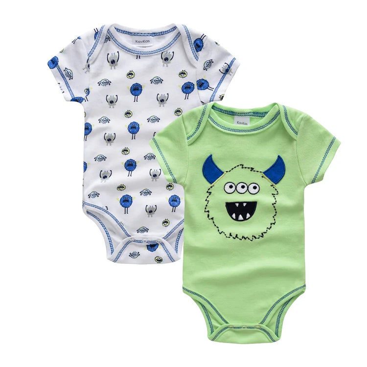 Two short-sleeve baby bodysuits, one white with blue monster print, one green with monster graphic, soft cotton.