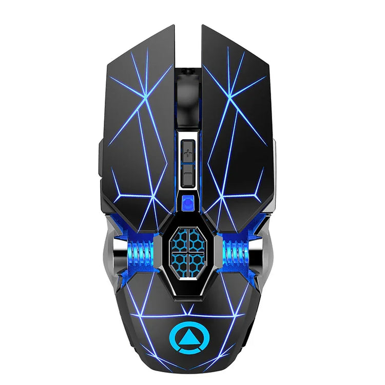 Futuristic black gaming mouse with blue LED geometric patterns and ergonomic design