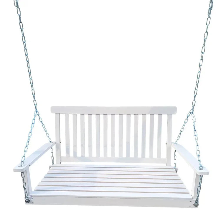 White wooden porch swing with slatted seat and backrest, hanging by metal chains