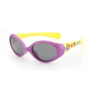 Oval sunglasses with purple frames, yellow arms, cartoon graphics, and dark tinted lenses