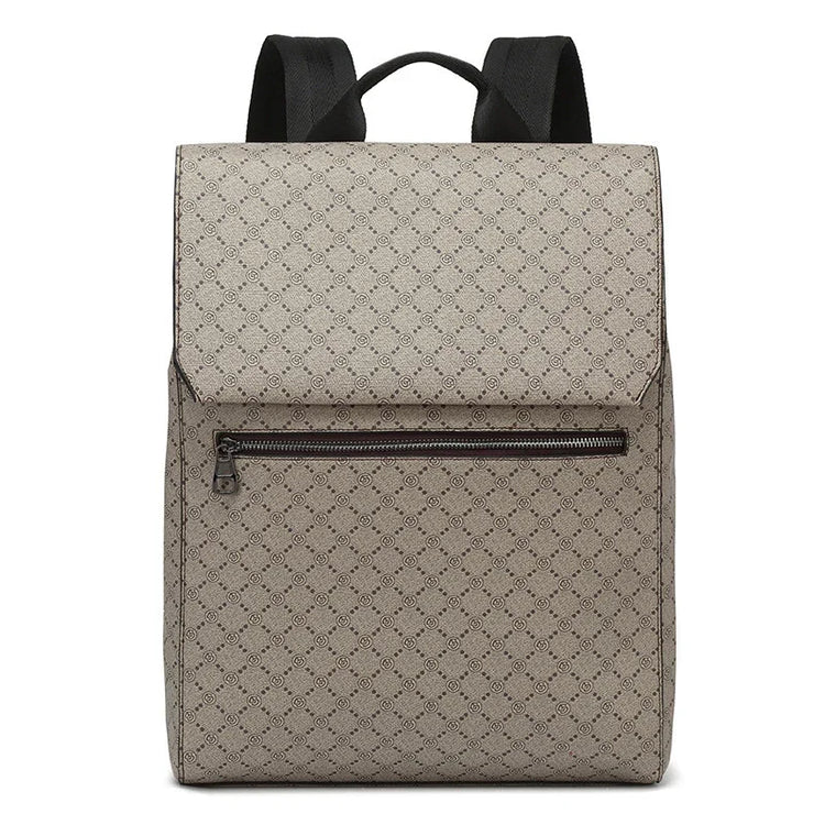 Modern beige backpack with geometric pattern, front zip pocket, and black adjustable straps