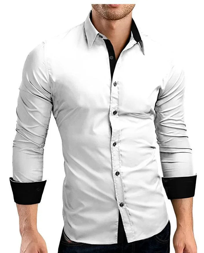 Slim fit white dress shirt with black collar and cuff accents, long sleeves, button-down style
