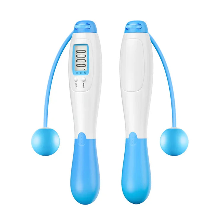 Blue and white cordless digital jump rope with adjustable handles and LCD display