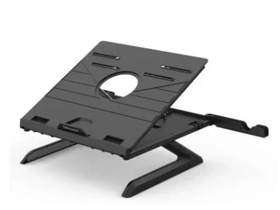 Adjustable black laptop stand with ventilation slots, modern and sturdy design.