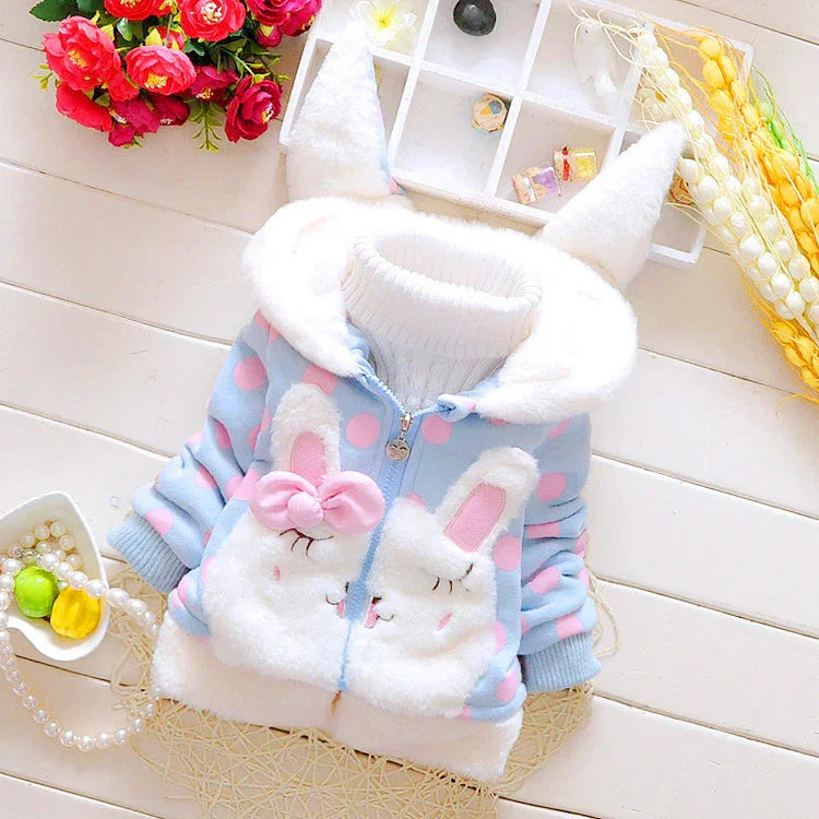 Cute pastel blue and pink polka dot fleece hoodie with bunny ears and soft plush details