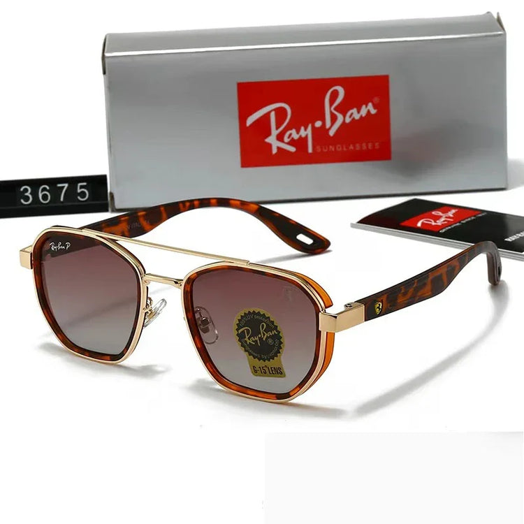 Brown tortoiseshell square sunglasses with gold metal frame and gradient lenses, modern fit
