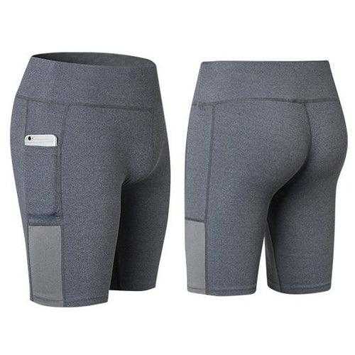 All Seasons Yoga Shorts in gray stretch fabric with elastic waistband and side phone pocket, front and back views