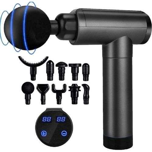 Black handheld massage gun with multiple interchangeable attachment heads and digital display