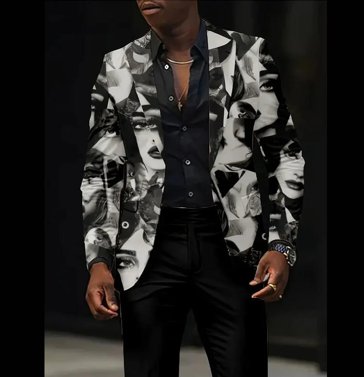 Man wearing a slim-fit black and white graphic blazer with abstract face print and black dress pants