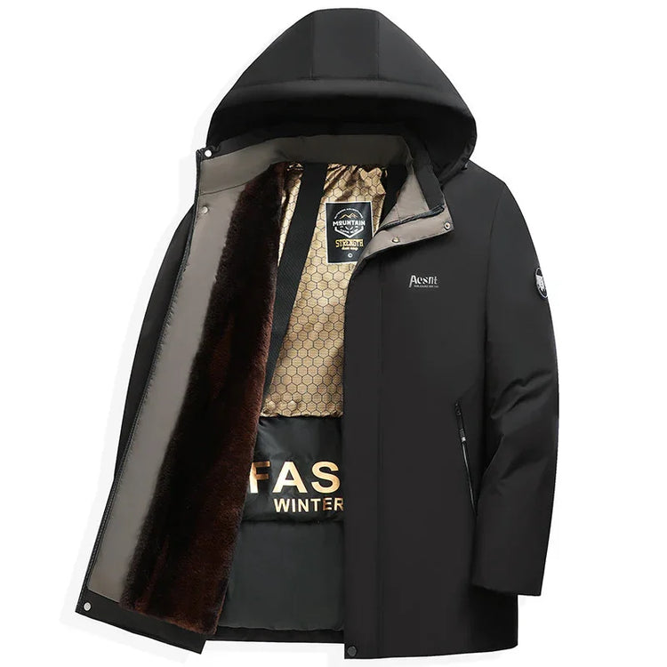 Black winter parka with hood, faux fur lining, gold quilted interior, and zippered pockets