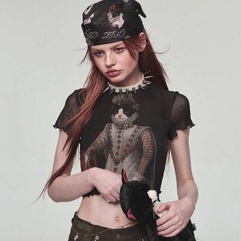 Hot Girl Style Cat Printing Mesh Polyester Top Women's Clothing