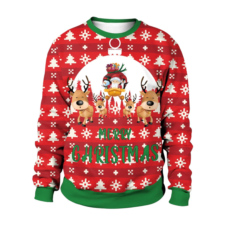 Red Christmas sweater with white tree pattern, cartoon Santa, reindeer, green accents, relaxed fit