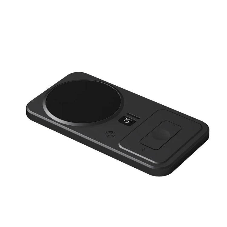 Sleek black tech accessory with digital display, minimalist rectangular design, matte finish