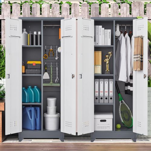 Gray And White Color Metal Lockers, Cleaning Tool Cabinets With Locking Doors, High Broom Tool Storage Cabinets, Adjustable Shelves, Large Cabinets For Kitchens, Offices, Shops.65 Inches