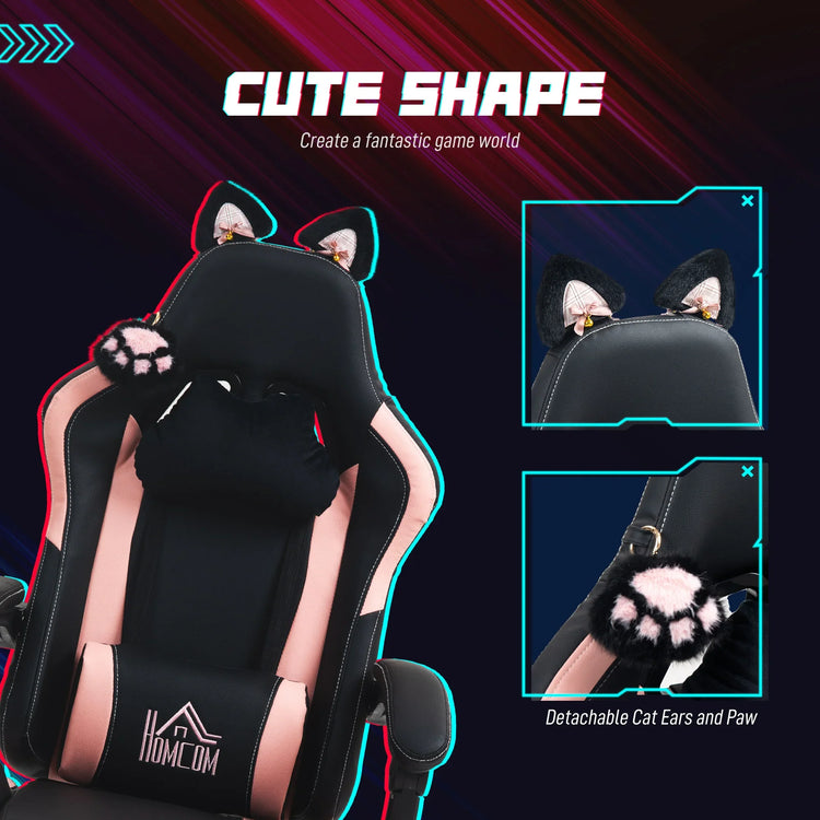 Black and pink gaming chair with detachable plush cat ears and paw, ergonomic design