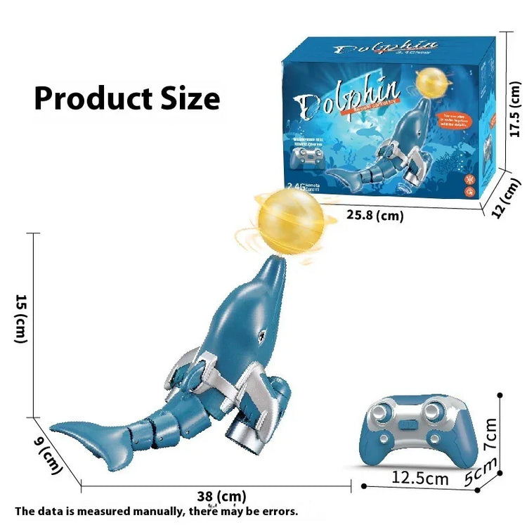 Blue remote control robotic dolphin toy with yellow ball, box, and size dimensions shown.