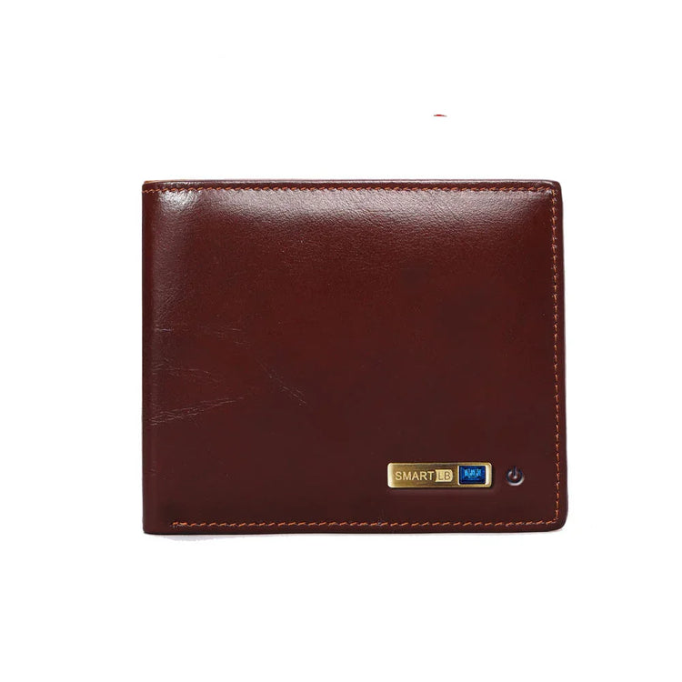 Brown leather wallet with visible stitching and metal accent, sleek modern design