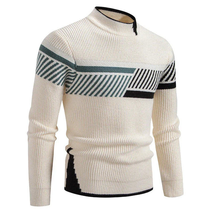 Cream ribbed knit sweater with green and black geometric stripes, modern slim fit style