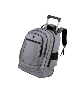 Gray rolling backpack with multiple zippered compartments, side pockets, and padded straps