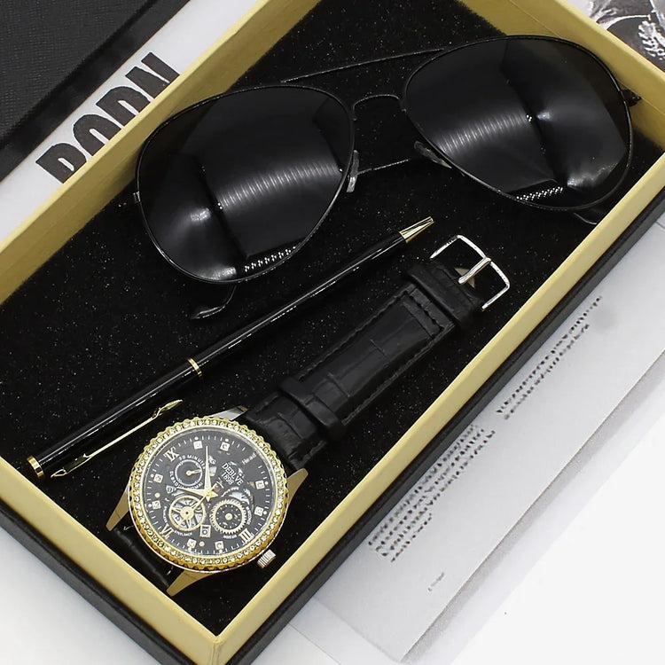 Men’s black leather strap watch with gold bezel, aviator sunglasses, and pen gift set.
