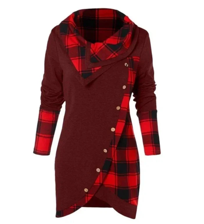 Asymmetrical burgundy tunic with red plaid accents, button trim, long sleeves, cozy fit
