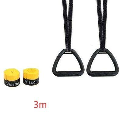 Black suspension training straps with triangular handles and two yellow wrist wraps