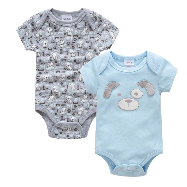 Set of two short-sleeve baby bodysuits, one light blue with dog face, one grey dog print, cotton.