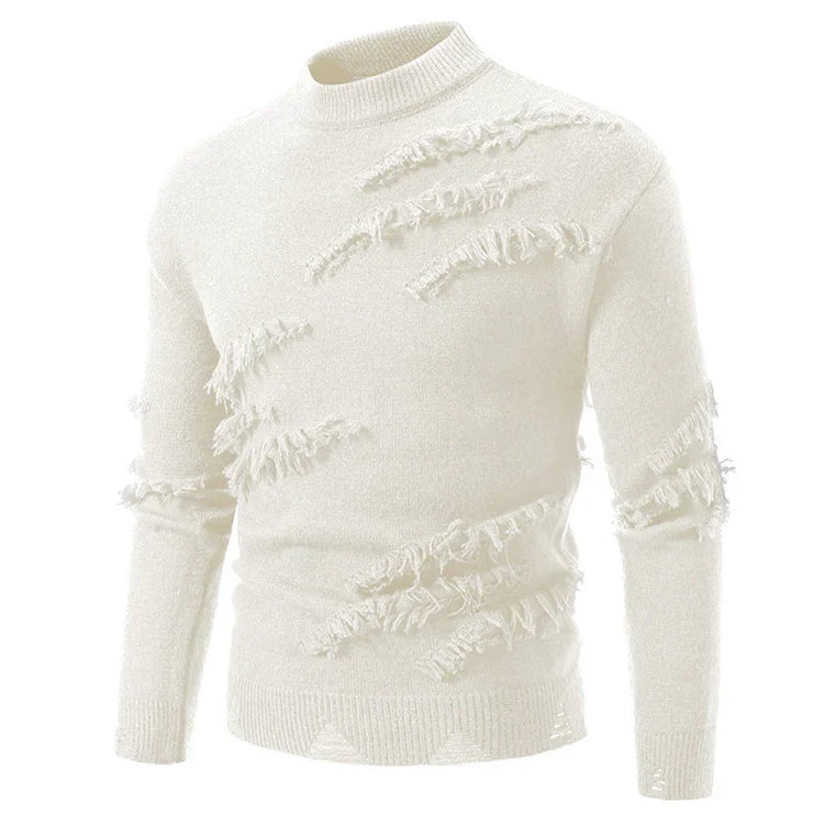 Cream knit sweater with distressed fringe details and slim fit design, futuristic streetwear style
